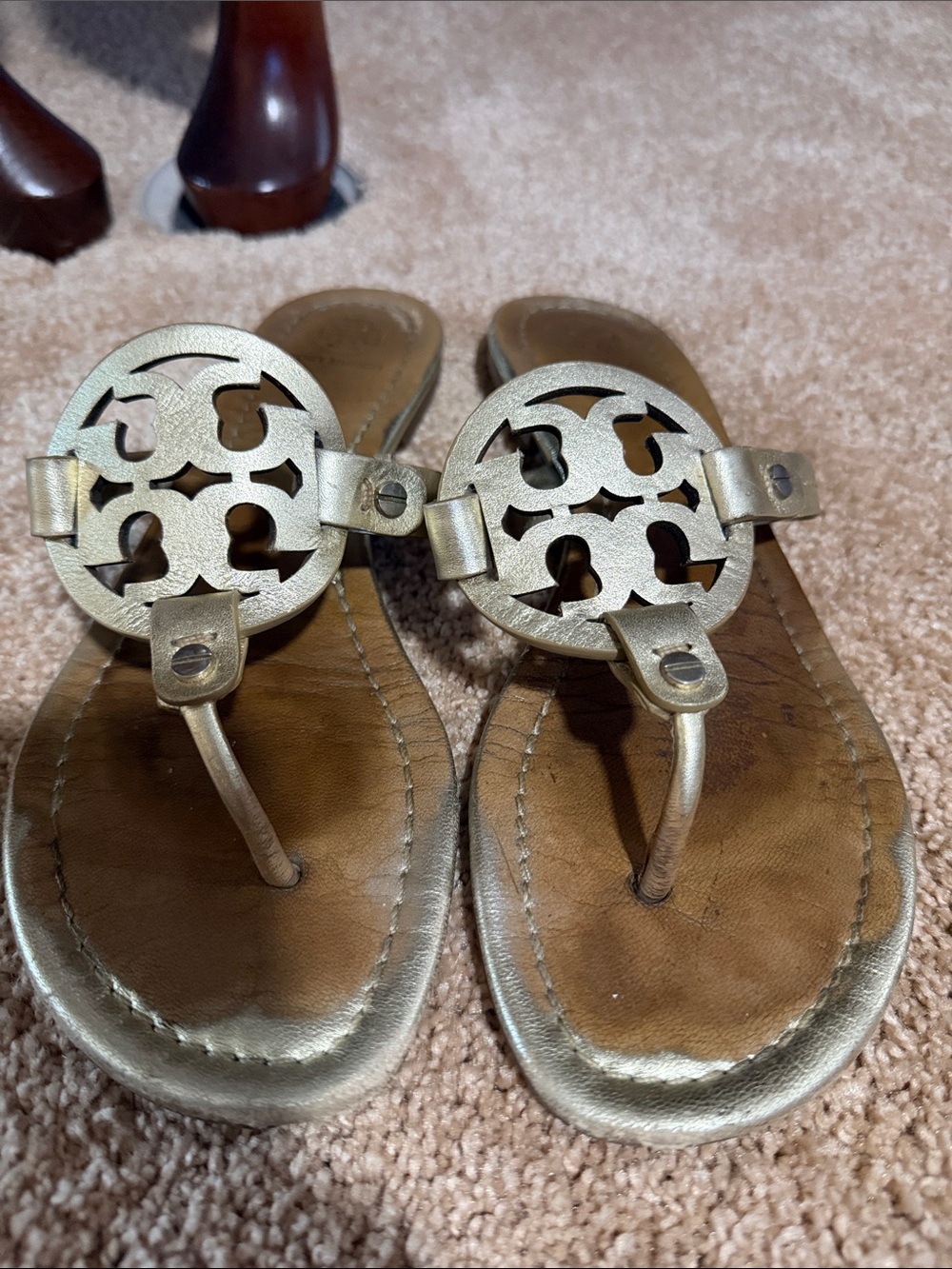 Gold Leather Tory Burch Thong Sandals - Women's Metallic Flat Slide